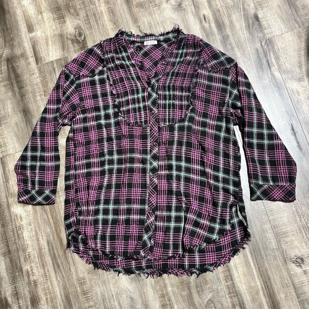Free People Intimately Women's Plaid Flannel Button-Up Shirt Pink Size S‎
